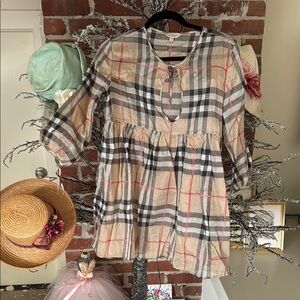 Burberry Cream and Tan Classic Plaid Babydoll Dress/Cover up with Puff Sleeves